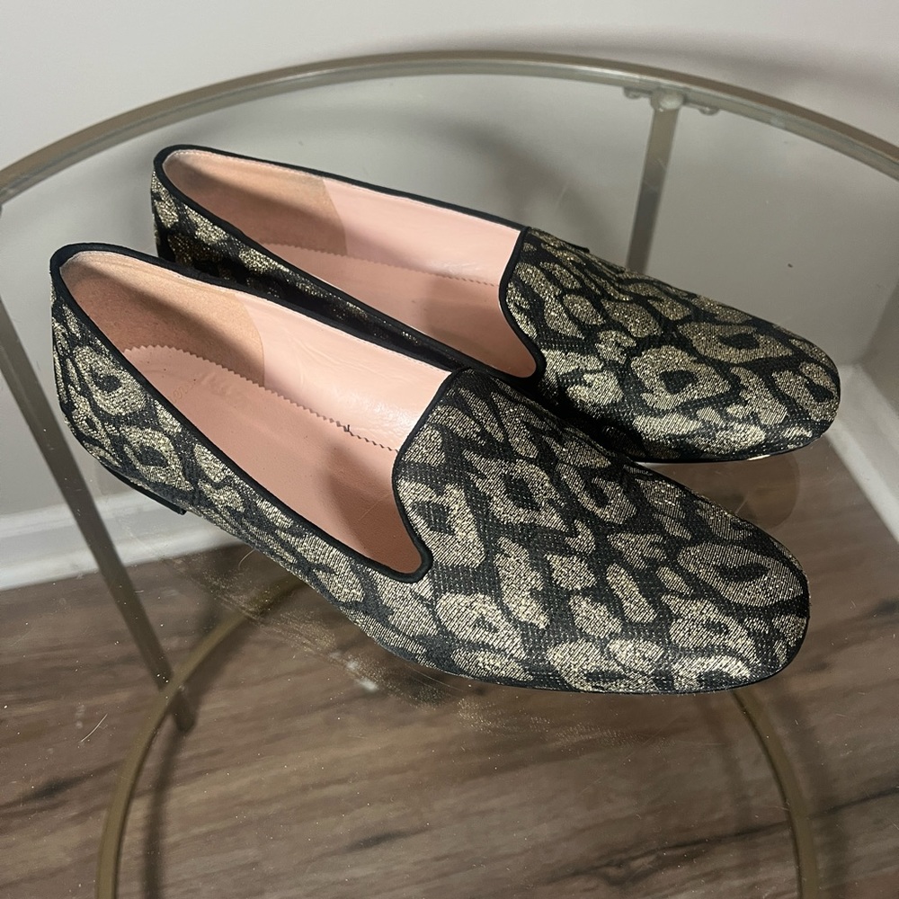 J. Crew Smoking Slippers Loafer Flats Black Gold Leopard Print Metallic Size 8